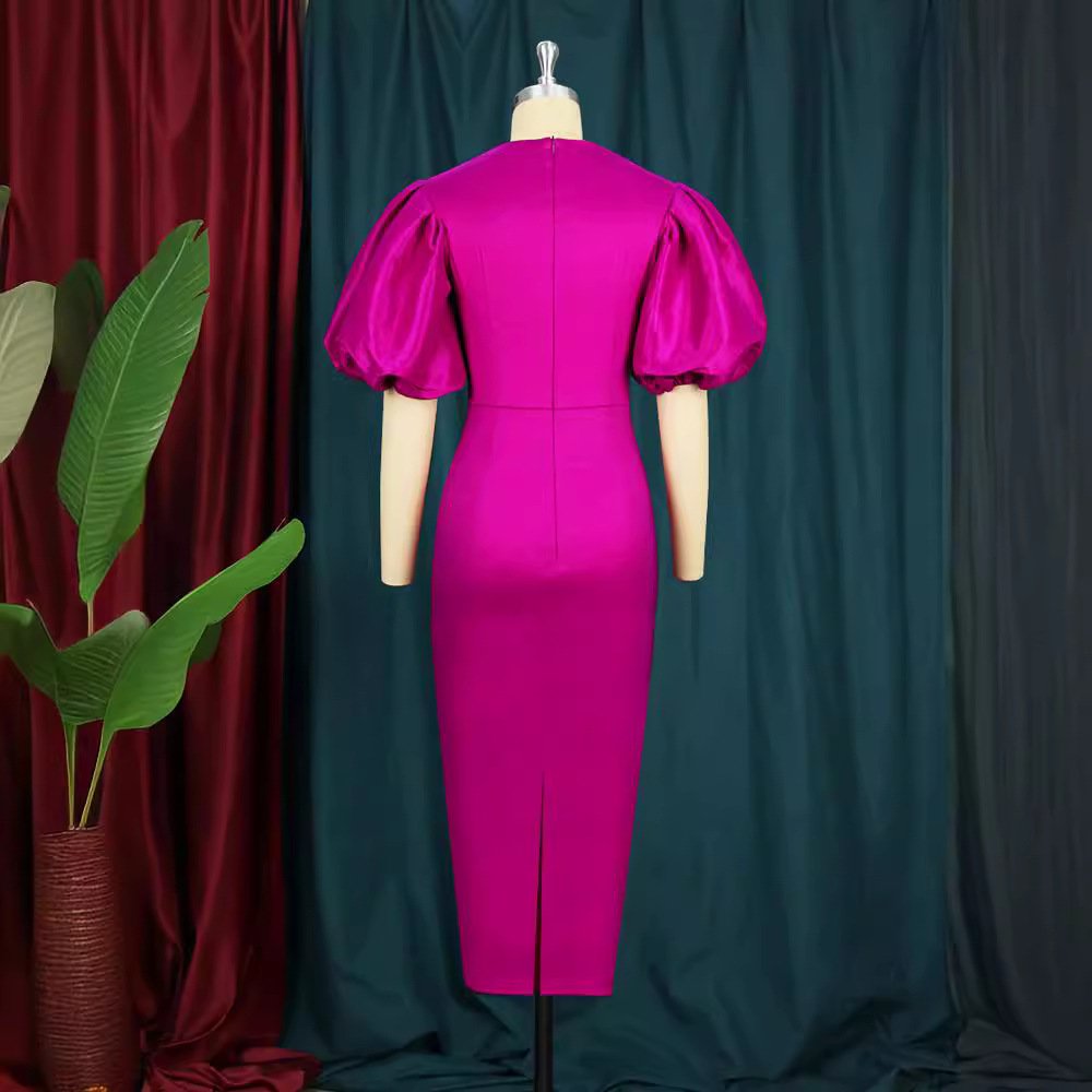 Summer New Round Neck Puff Sleeve Women's High Waist dress Dress Party