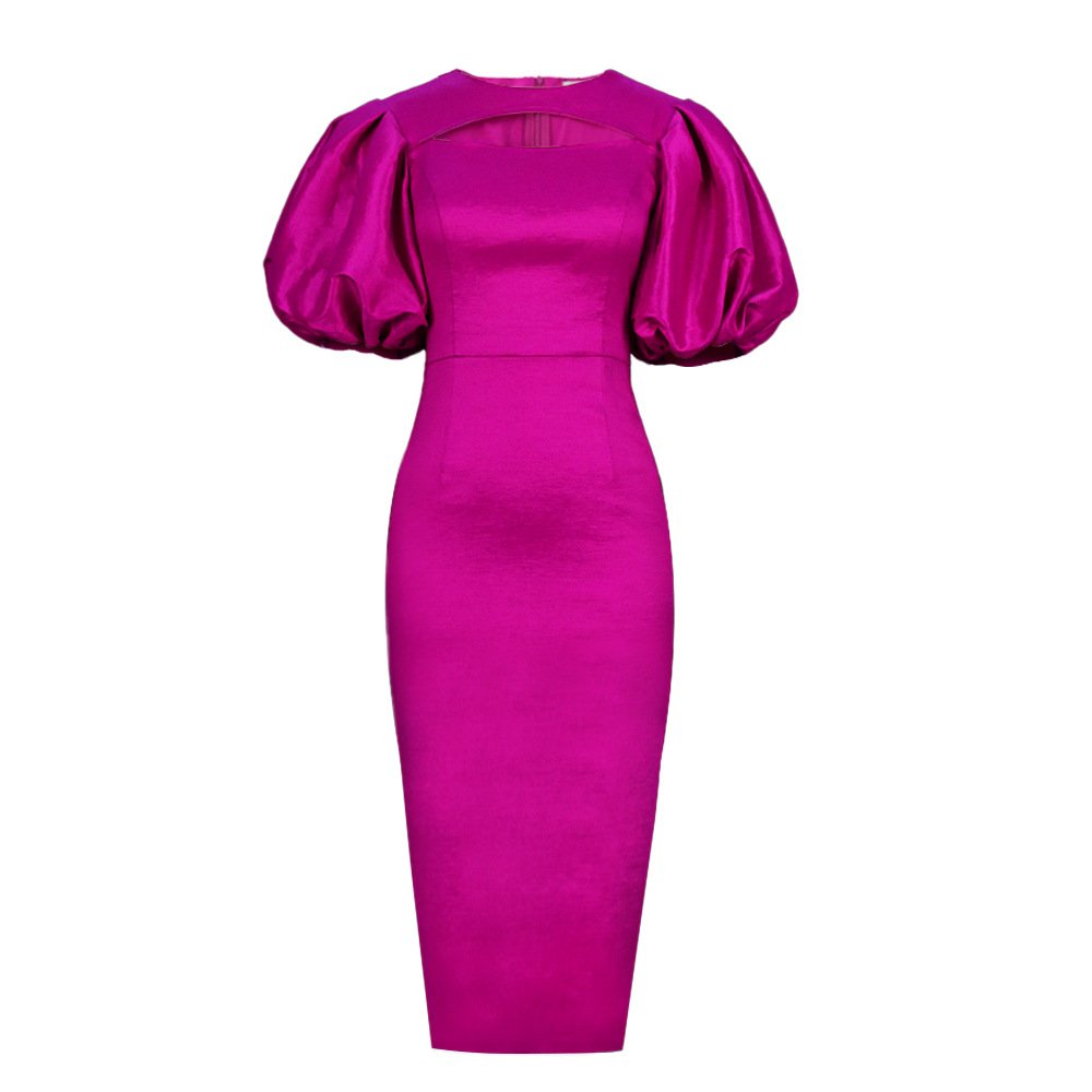 Summer New Round Neck Puff Sleeve Women's High Waist dress Dress Party