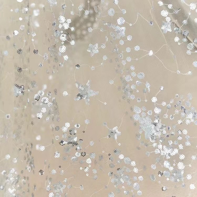 Width 150 cm stars Sequins beads Embroidered Tulle fabric hollow out mesh Lace embroidery Fabric for bridal dress