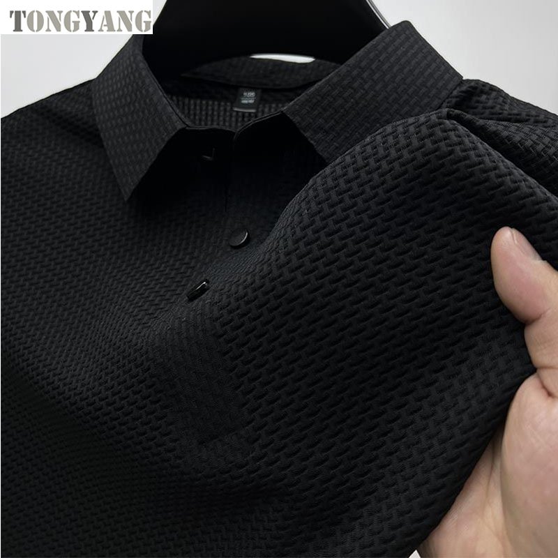 TONGYANG Men's Brand High Quality Knitted Ice Cool Polo Shirt Summer Casual Polo Collar Rib Breathable Top Short Sleeve T-shirt