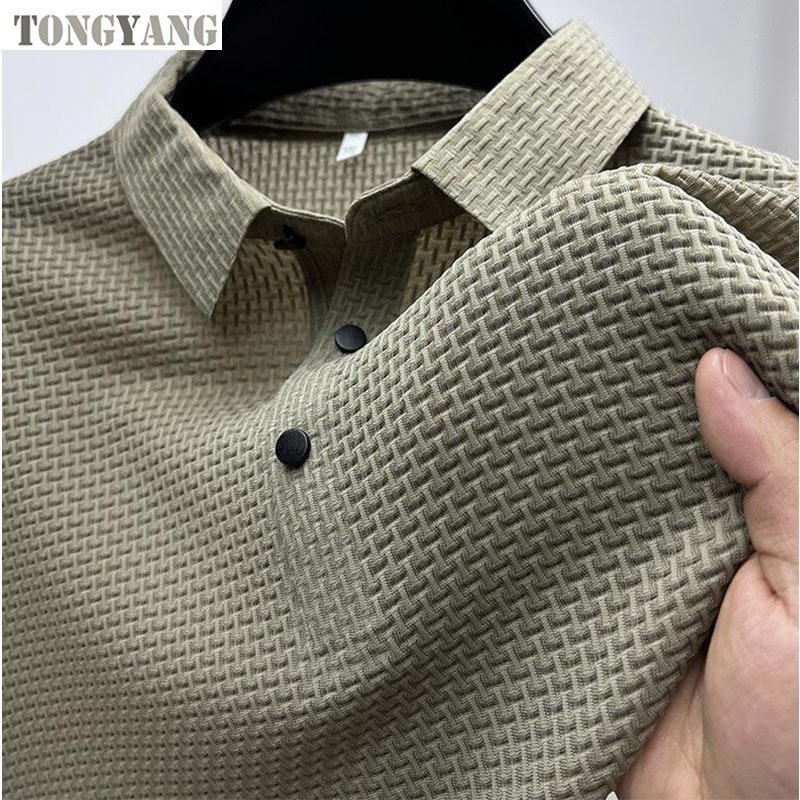 TONGYANG Men's Brand High Quality Knitted Ice Cool Polo Shirt Summer Casual Polo Collar Rib Breathable Top Short Sleeve T-shirt