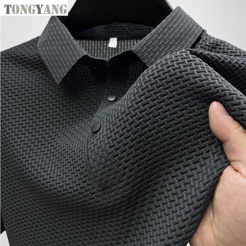 TONGYANG Men's Brand High Quality Knitted Ice Cool Polo Shirt Summer Casual Polo Collar Rib Breathable Top Short Sleeve T-shirt