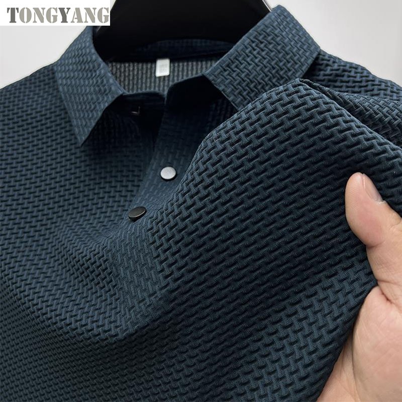 TONGYANG Men's Brand High Quality Knitted Ice Cool Polo Shirt Summer Casual Polo Collar Rib Breathable Top Short Sleeve T-shirt