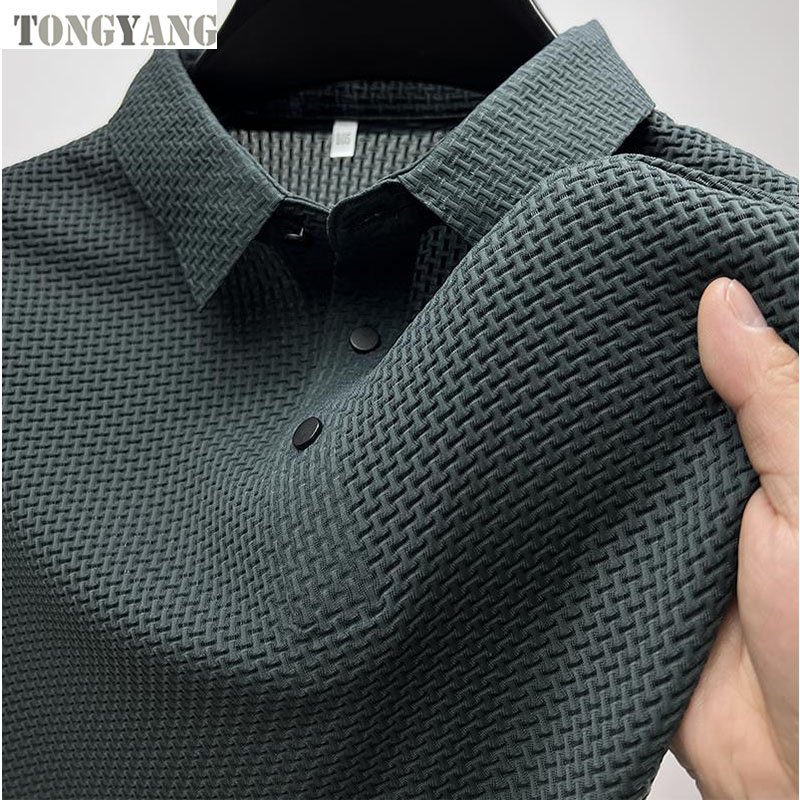 TONGYANG Men's Brand High Quality Knitted Ice Cool Polo Shirt Summer Casual Polo Collar Rib Breathable Top Short Sleeve T-shirt