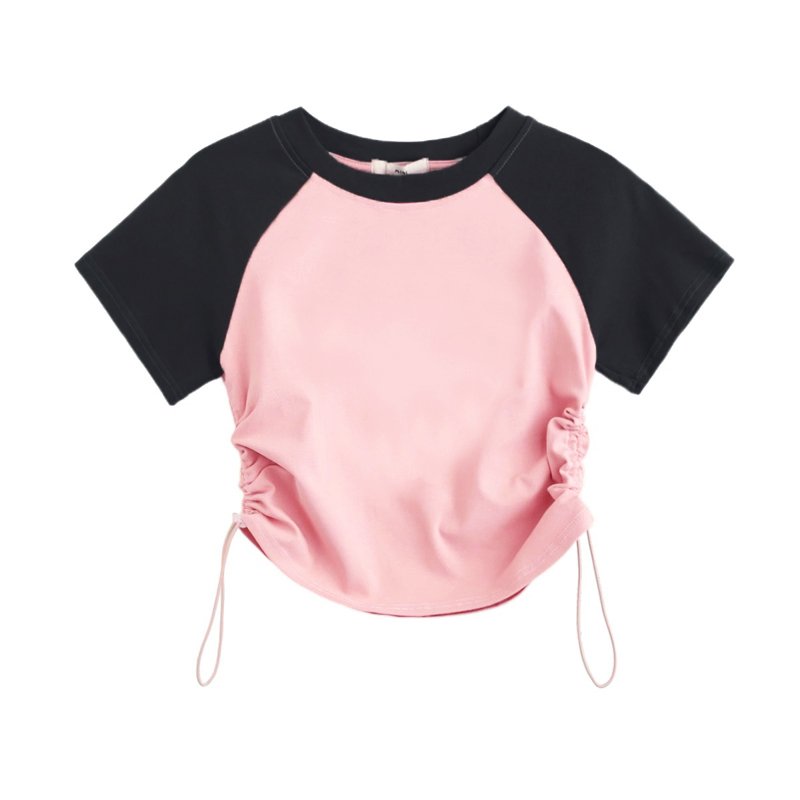 Custom Y2K Contrast Color Raglan Sleeves Crop Tops Ruched Drawstring Ribbed Cotton Short Sleeve Cropped T Shirt For Women