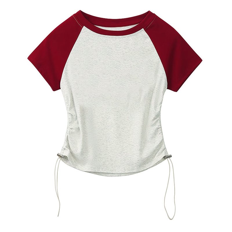 Custom Y2K Contrast Color Raglan Sleeves Crop Tops Ruched Drawstring Ribbed Cotton Short Sleeve Cropped T Shirt For Women