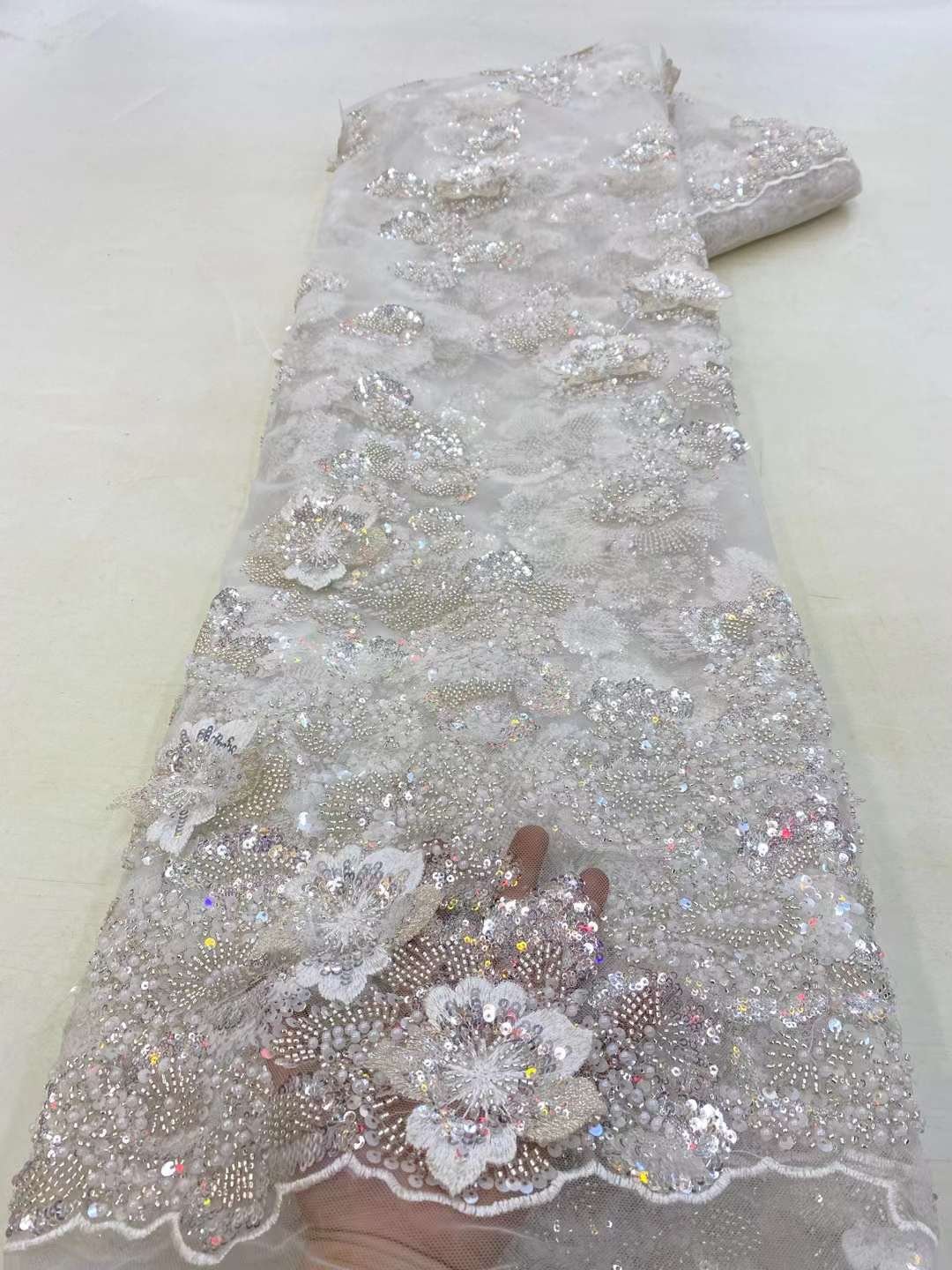 Most beautiful sequin diamond fabric supplier green crystal diamonds beads lace fabric