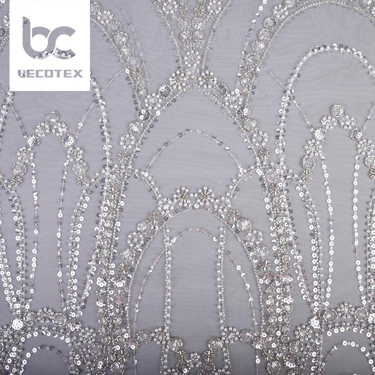 luxury customized design embroidery floral beads sequins 100% polyester white lace fabric for bridal dress