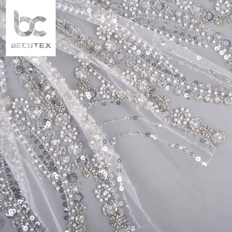 luxury customized design embroidery floral beads sequins 100% polyester white lace fabric for bridal dress