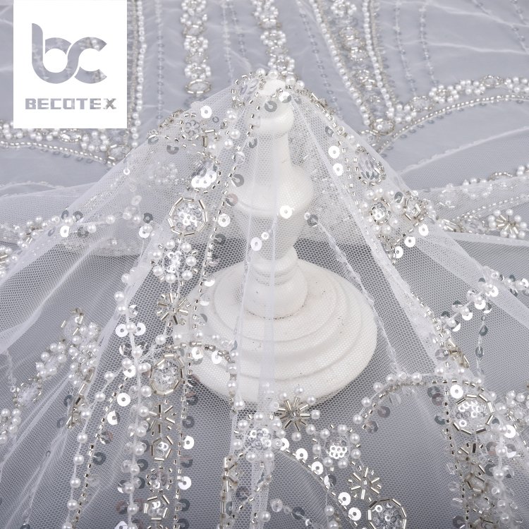 luxury customized design embroidery floral beads sequins 100% polyester white lace fabric for bridal dress