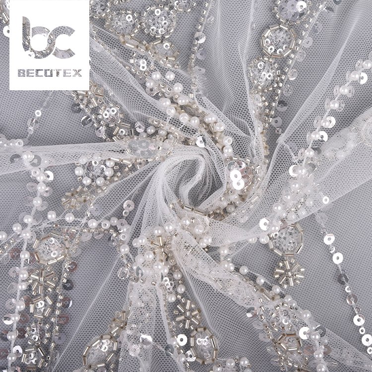 luxury customized design embroidery floral beads sequins 100% polyester white lace fabric for bridal dress