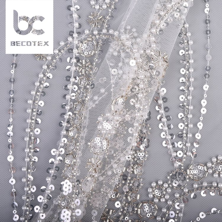 luxury customized design embroidery floral beads sequins 100% polyester white lace fabric for bridal dress
