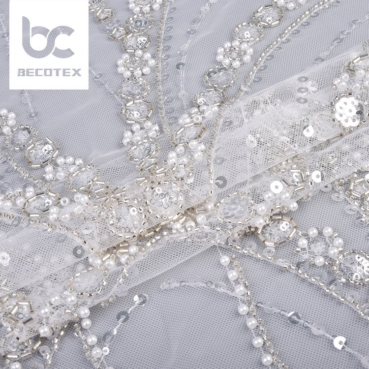 luxury customized design embroidery floral beads sequins 100% polyester white lace fabric for bridal dress