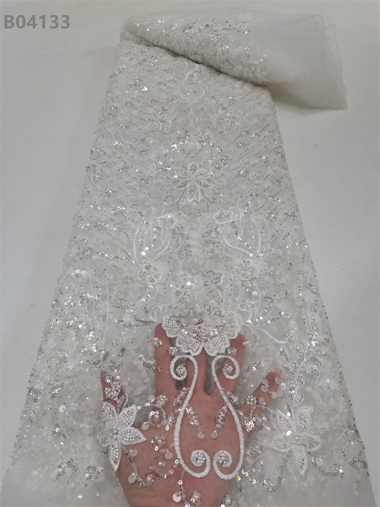 Burnt Orange Lace Fabric Sequin Beads Embroidered Dantel Fabric Beaded Flower Lace with Pearl