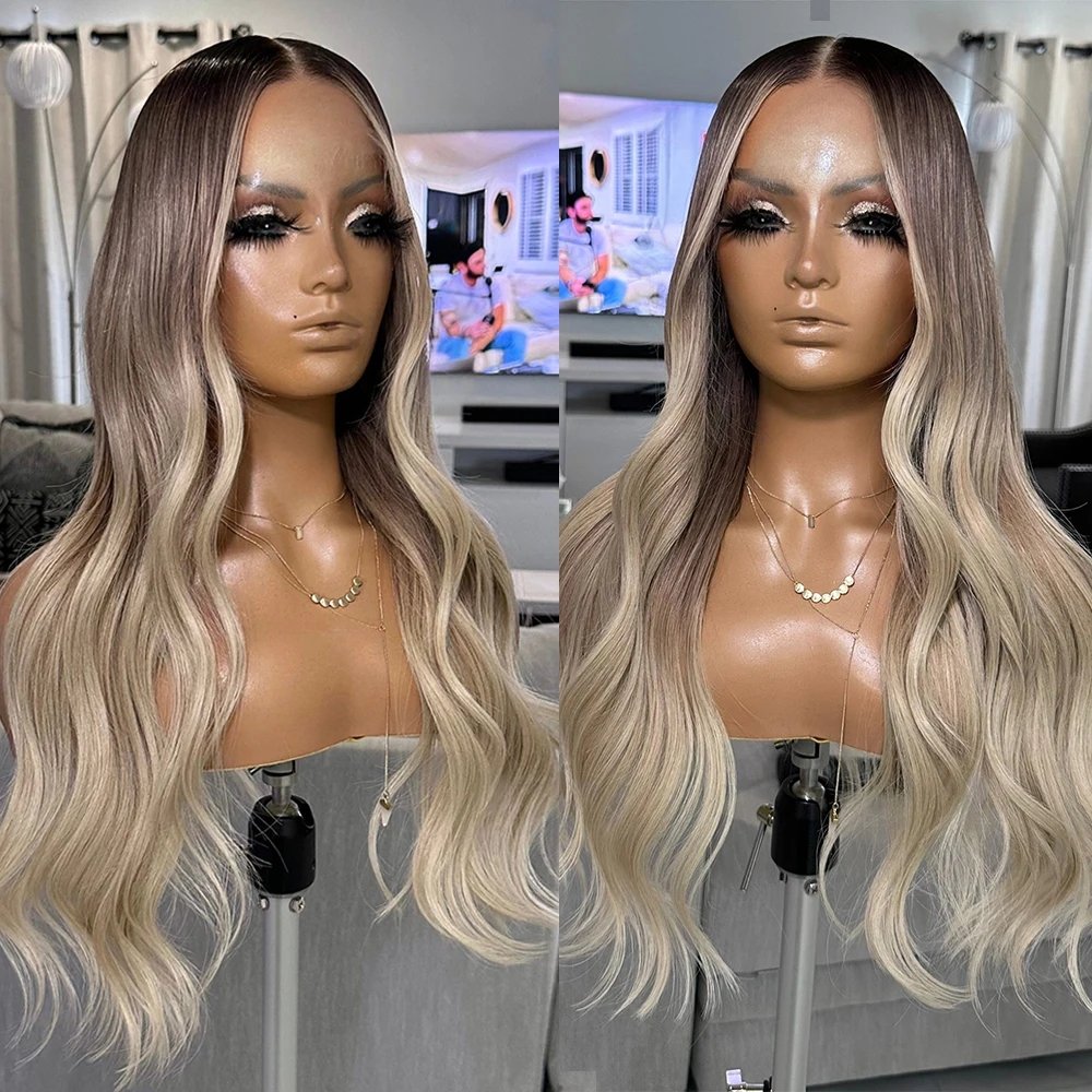 Qingdao Blonde Ombre Invisible Knots Virgin Russian Cuticle Aligned Hair Clear Lace Top Lace Front Wigs With Long Root
