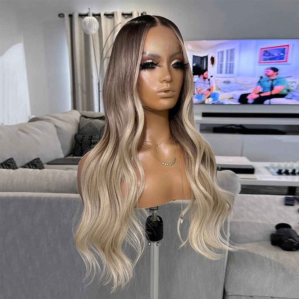 Qingdao Blonde Ombre Invisible Knots Virgin Russian Cuticle Aligned Hair Clear Lace Top Lace Front Wigs With Long Root