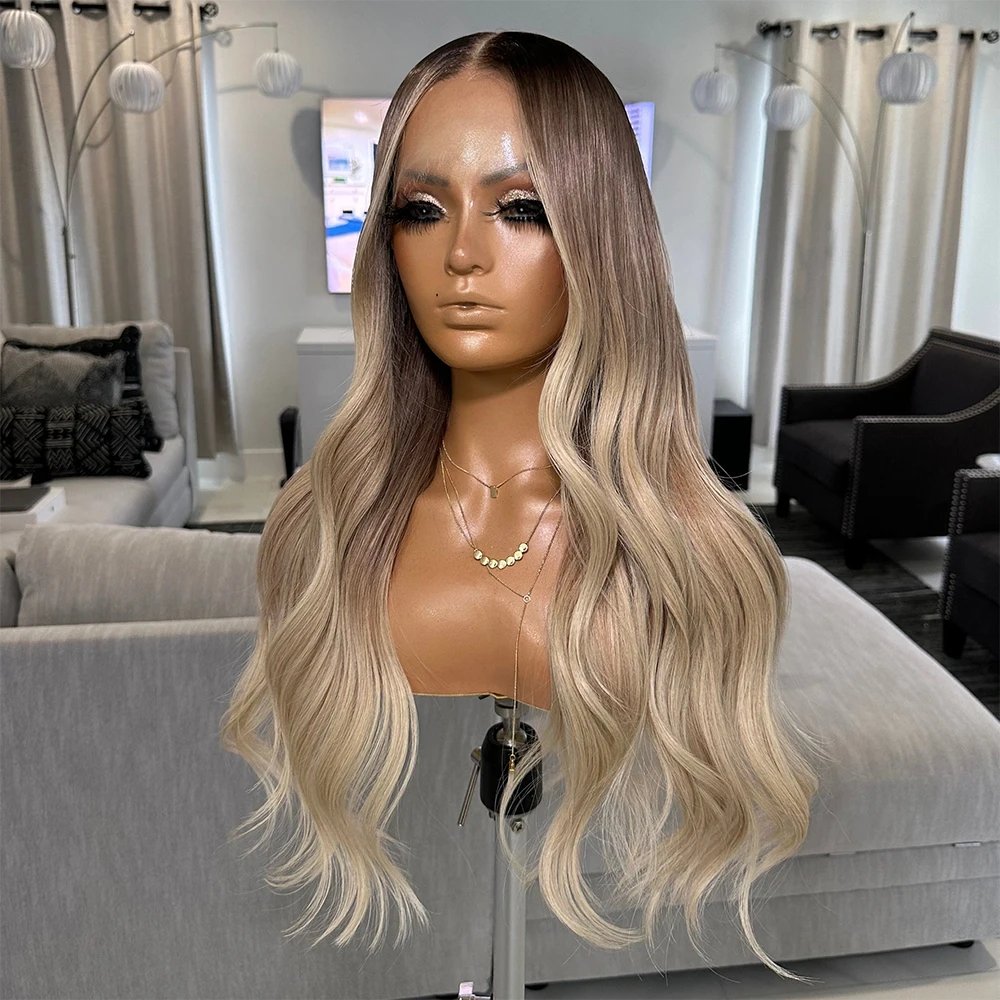 Qingdao Blonde Ombre Invisible Knots Virgin Russian Cuticle Aligned Hair Clear Lace Top Lace Front Wigs With Long Root
