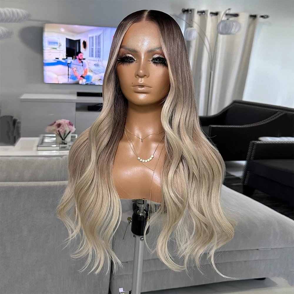 Qingdao Blonde Ombre Invisible Knots Virgin Russian Cuticle Aligned Hair Clear Lace Top Lace Front Wigs With Long Root