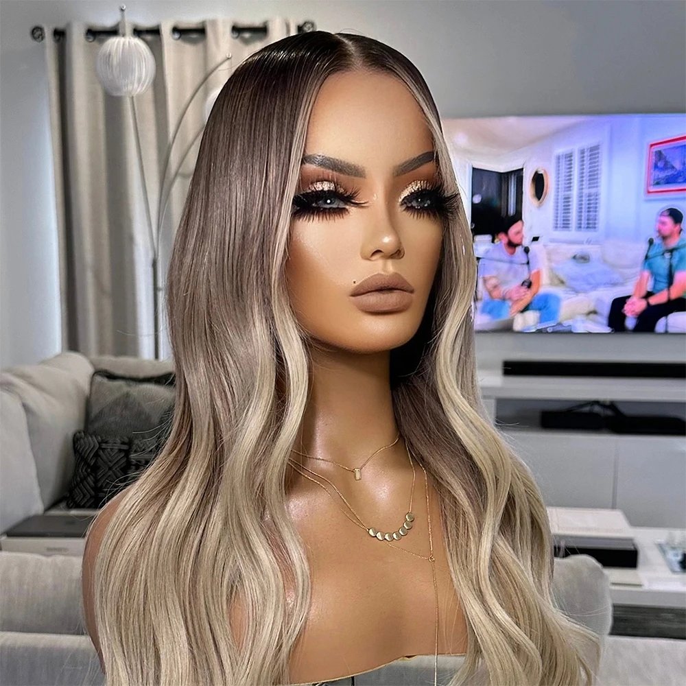 Qingdao Blonde Ombre Invisible Knots Virgin Russian Cuticle Aligned Hair Clear Lace Top Lace Front Wigs With Long Root