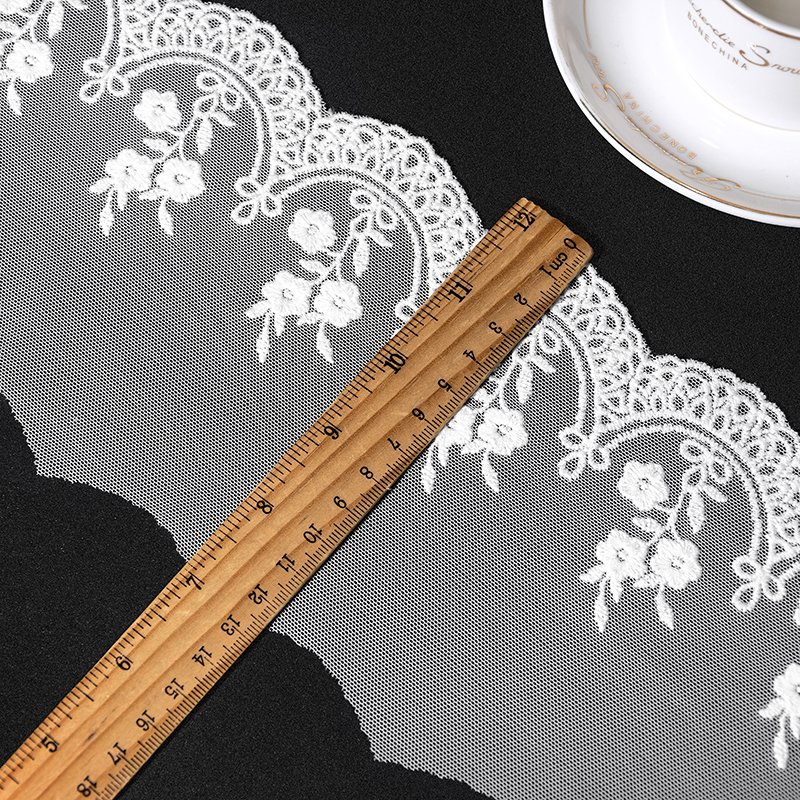 Factory Direct Mesh Barcode Width 12cm White Lace Fabric Women Casual Dress Embroidery Fabric