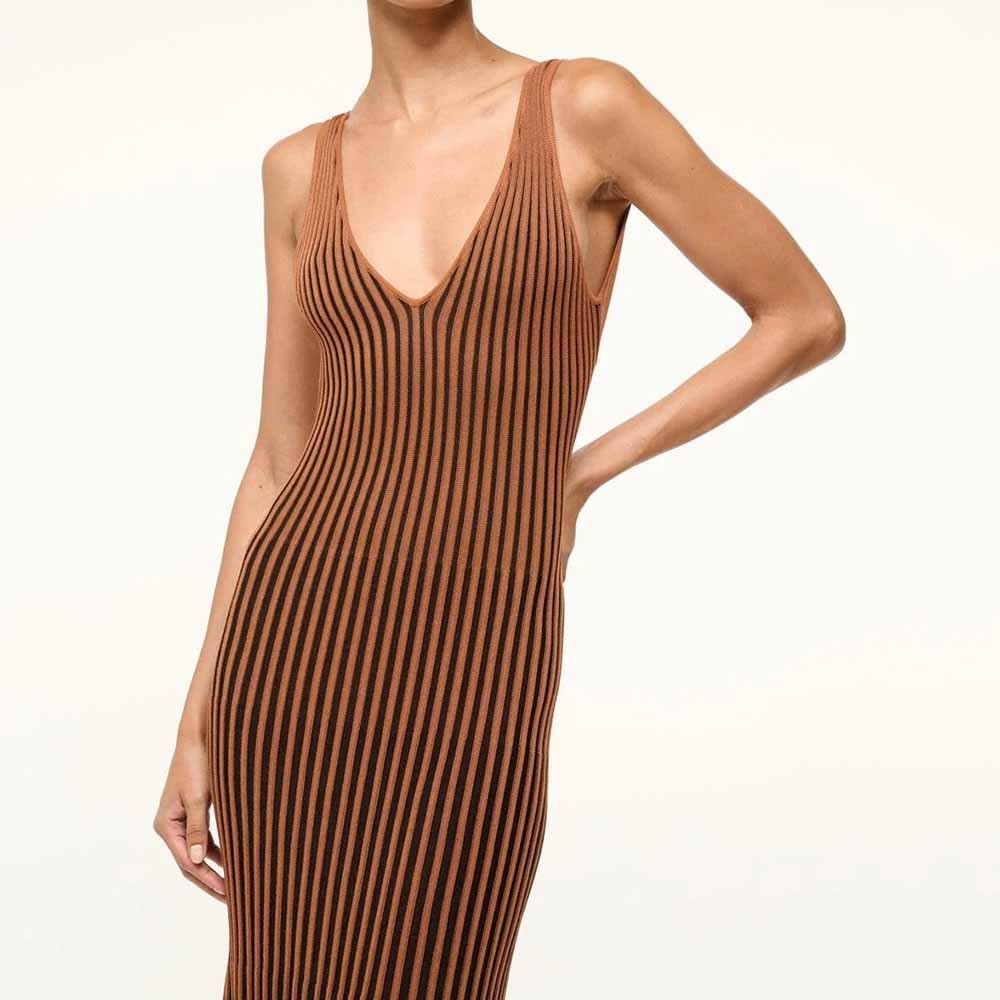 Knitwear Manufacturer Custom Sleeveless Midi-length Dress Rib Knit Slip-on Dress Deep V Neckline Knitted Dresses For Women