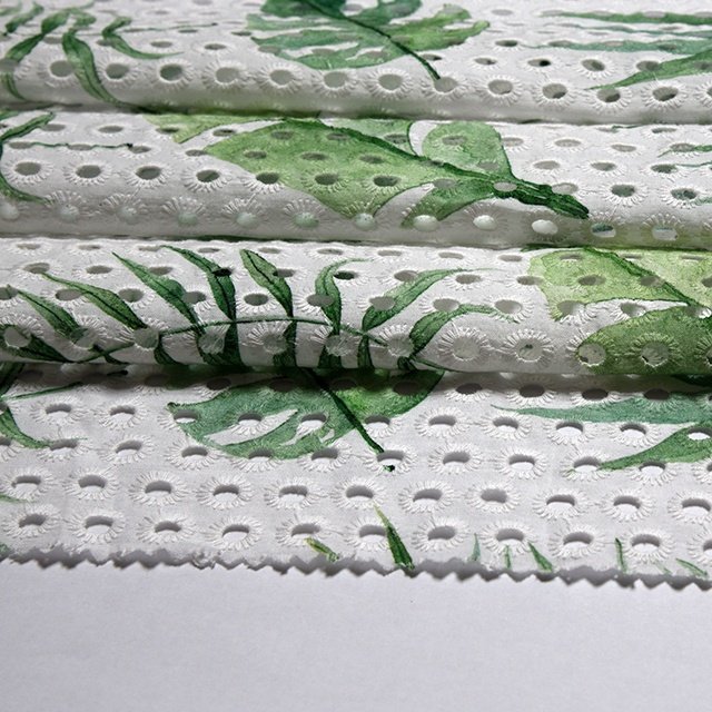 HA-9746F Best popular leaves pattern digital printed cotton eyelet embroidery fabric