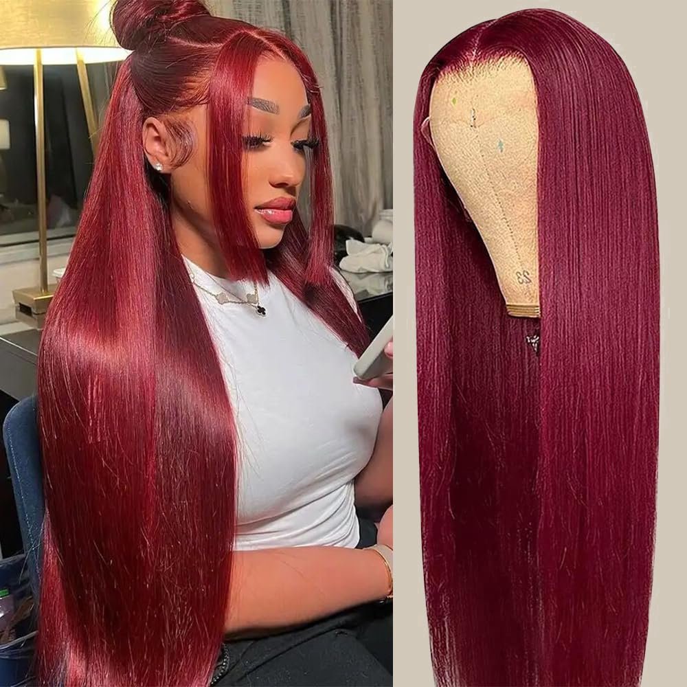 99j Burgundy Lace Front Wig Red Colored Human Hair Wigs For Women 30 Inch Pre-Plucked Hd Transparent Straight Human Hair Wig