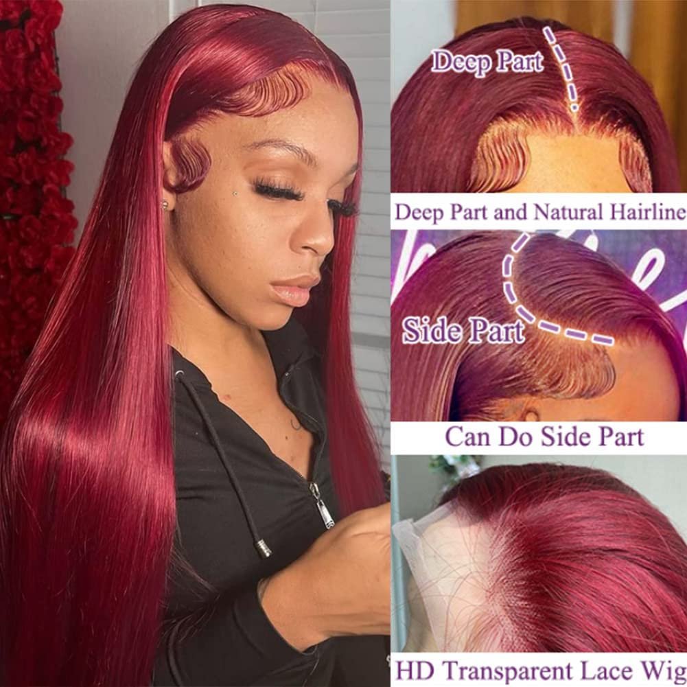 99j Burgundy Lace Front Wig Red Colored Human Hair Wigs For Women 30 Inch Pre-Plucked Hd Transparent Straight Human Hair Wig