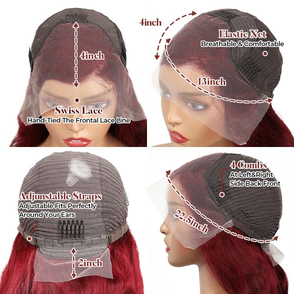 99j Burgundy Lace Front Wig Red Colored Human Hair Wigs For Women 30 Inch Pre-Plucked Hd Transparent Straight Human Hair Wig