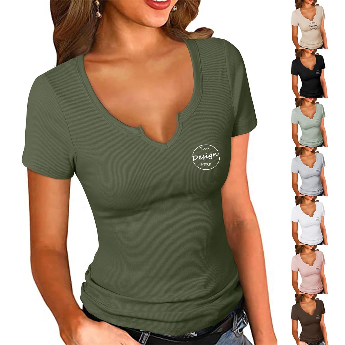 Early Spring New V-neck Short sleeve Inner Laydown Shirt Custom Slim Fit Short Embroidered Women Ribbed T shirt
