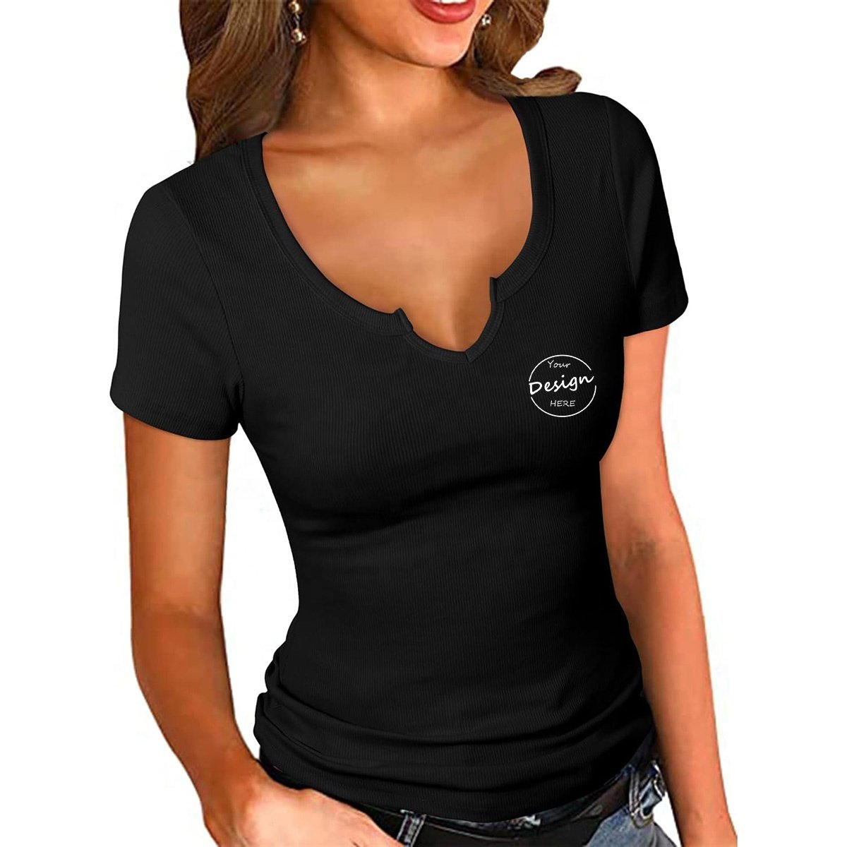 Early Spring New V-neck Short sleeve Inner Laydown Shirt Custom Slim Fit Short Embroidered Women Ribbed T shirt