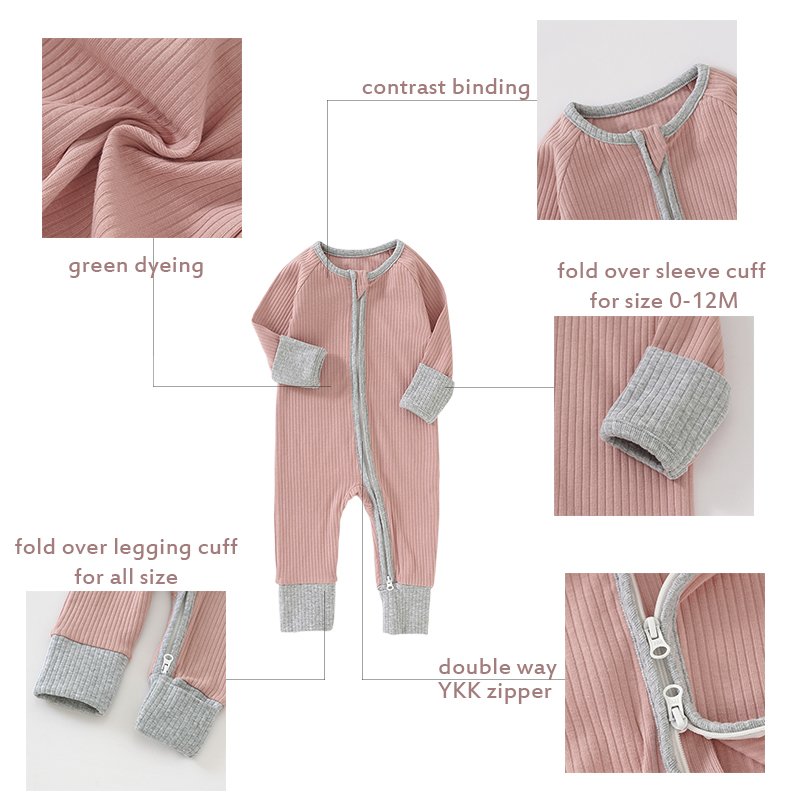 Newborn Infant Ribbed Baby Sleepwear Pajamas Mittens Sleeve Zipper Baby Jumpsuit Rompers Clothing