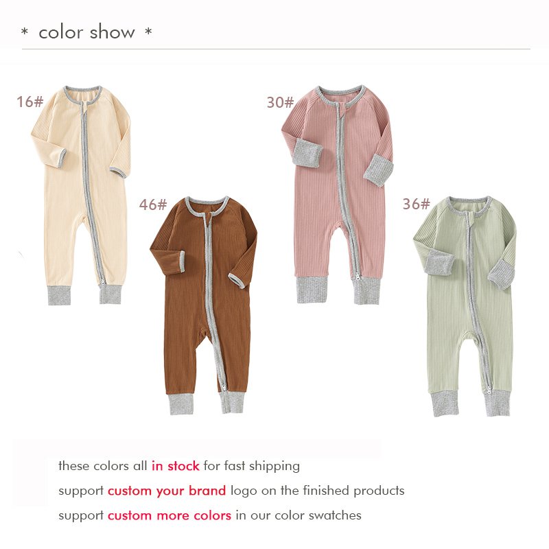 Newborn Infant Ribbed Baby Sleepwear Pajamas Mittens Sleeve Zipper Baby Jumpsuit Rompers Clothing