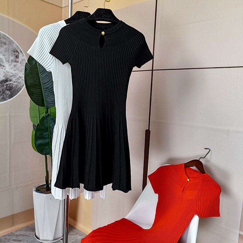 Summer Pure Color Crew Neck Short Sleeve Pleated Rib Knit Mini Dress Women