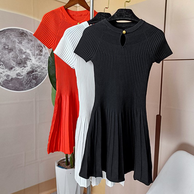 Summer Pure Color Crew Neck Short Sleeve Pleated Rib Knit Mini Dress Women