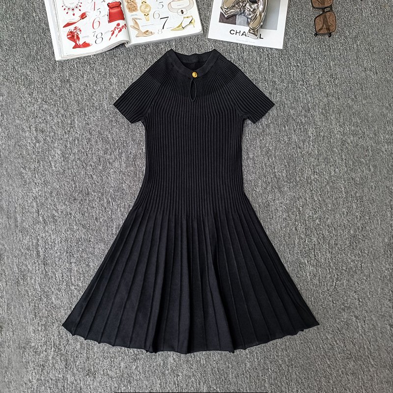 Summer Pure Color Crew Neck Short Sleeve Pleated Rib Knit Mini Dress Women