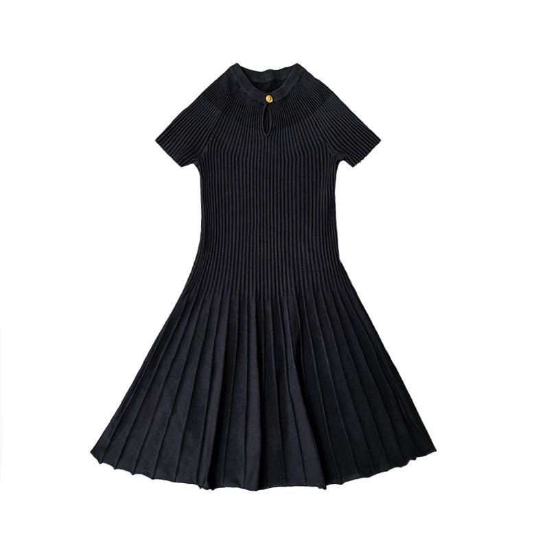 Summer Pure Color Crew Neck Short Sleeve Pleated Rib Knit Mini Dress Women