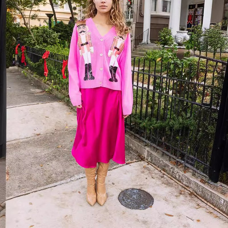 Wholesale christmas pink nutcracker sweaters V neck long sleeve button top thermal sequin ribbed embossed knit women cardigan