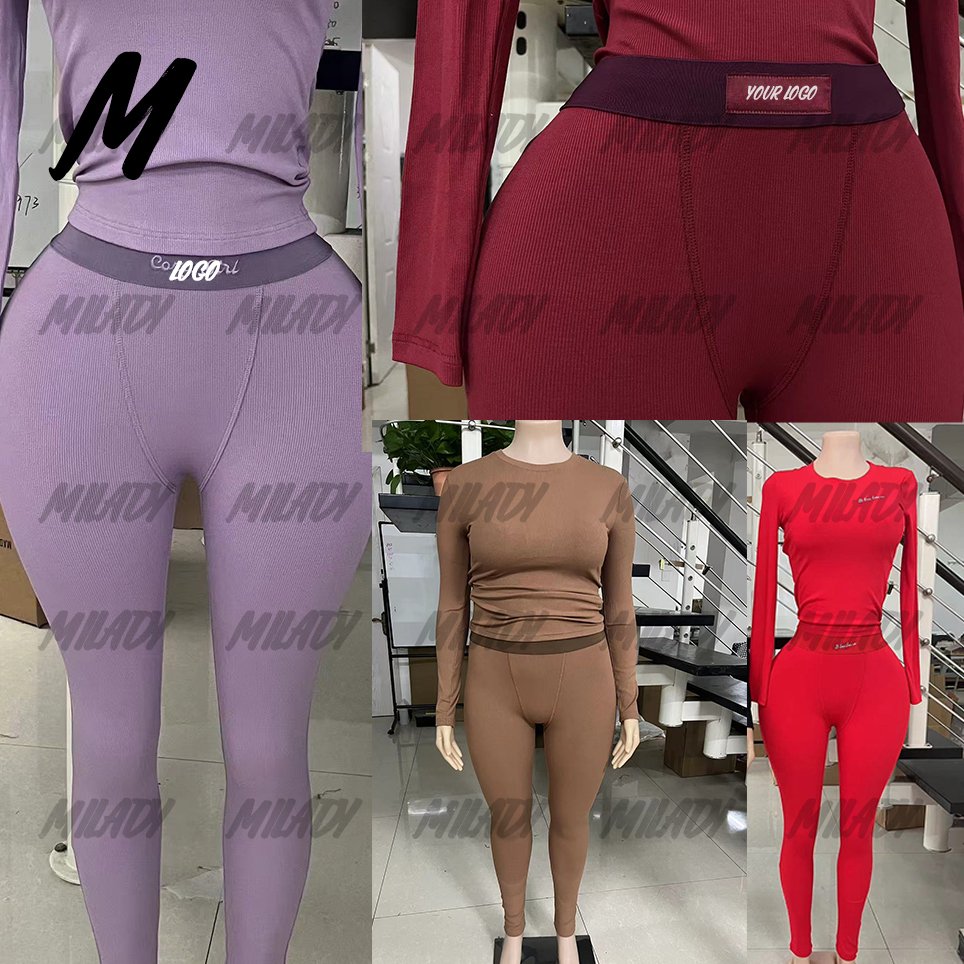 Custom Logo Wholesale Ribbed Cotton 2 Piece Knit Set Women 2024 Full Winter Woman Shirts And Leggings Outfit Loungewear Set