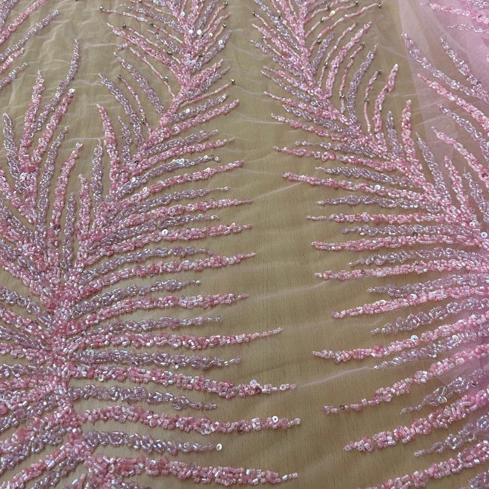 Pink Heavy Design of Bridal Wedding Heavy Luxury White Beaded Lace Crystal Embroidery Sequin Tulle Mesh Fabrics