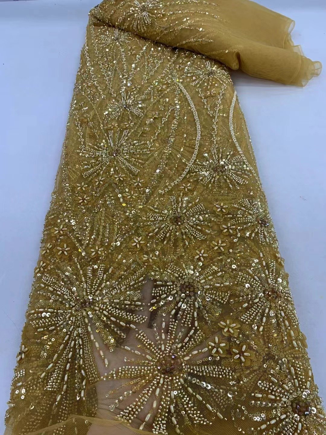 NI.AI Hot Selling Wonderful Luxury Beaded Tulle Lace Fabric With Factory Price Heavy Beaded Embroidery Lace Fabric For Dress C36