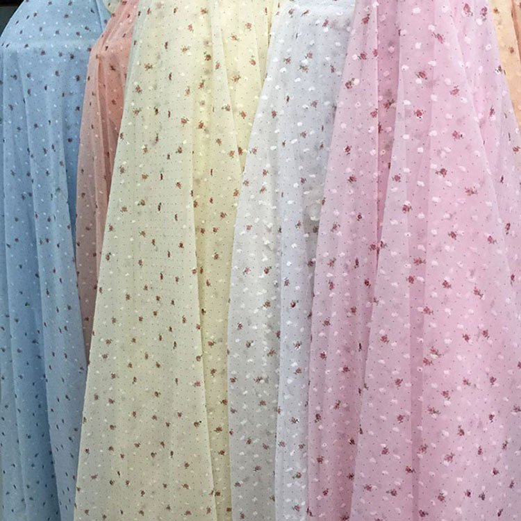 Width 150 cm polka dots embroidery chiffon fabric flower printed mesh net voile tulle lace fabric for dress skirt