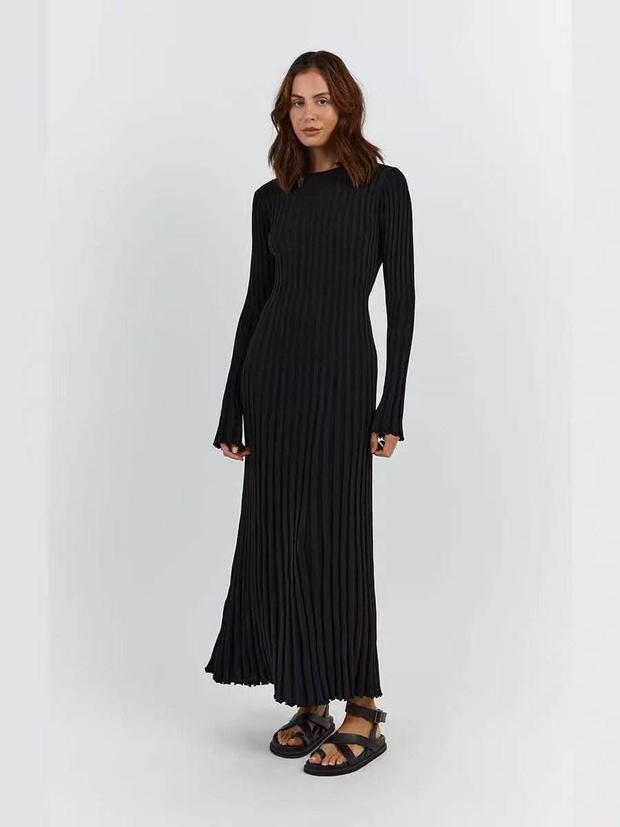 Long Sleeve Crew Collar Plain Pullover Sweater Dress Autumn Elegant Casual Dress Solid Slim Rib Knit Dress