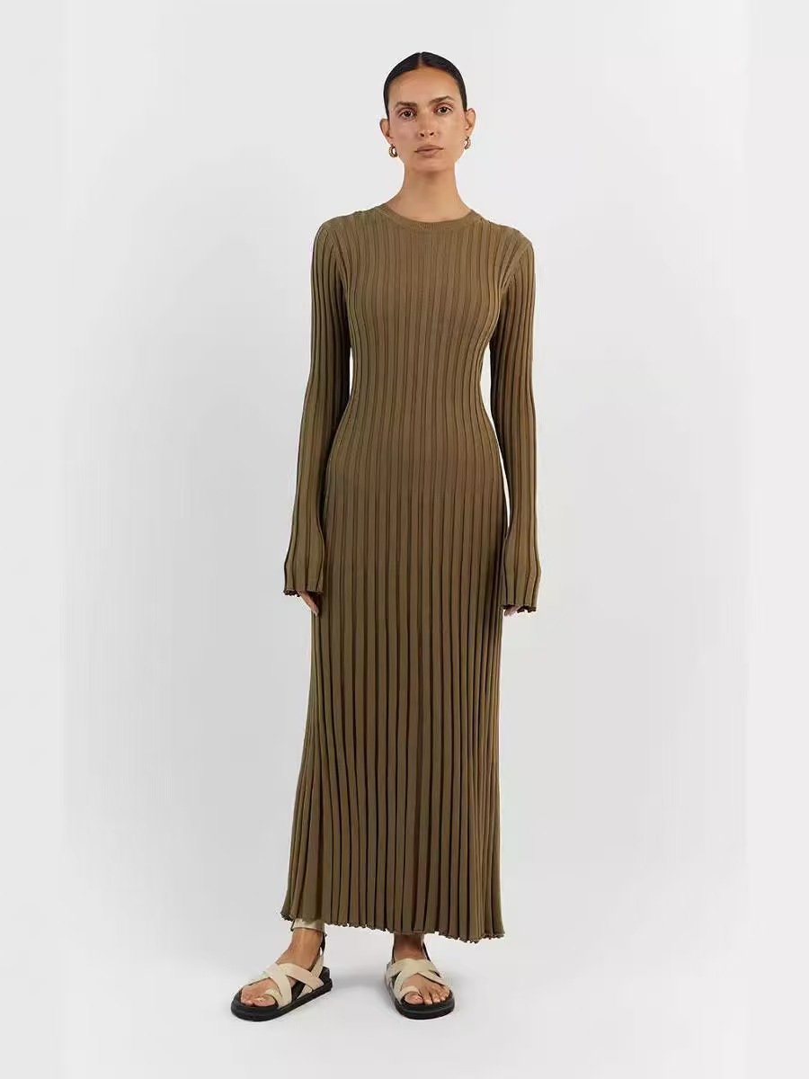 Long Sleeve Crew Collar Plain Pullover Sweater Dress Autumn Elegant Casual Dress Solid Slim Rib Knit Dress