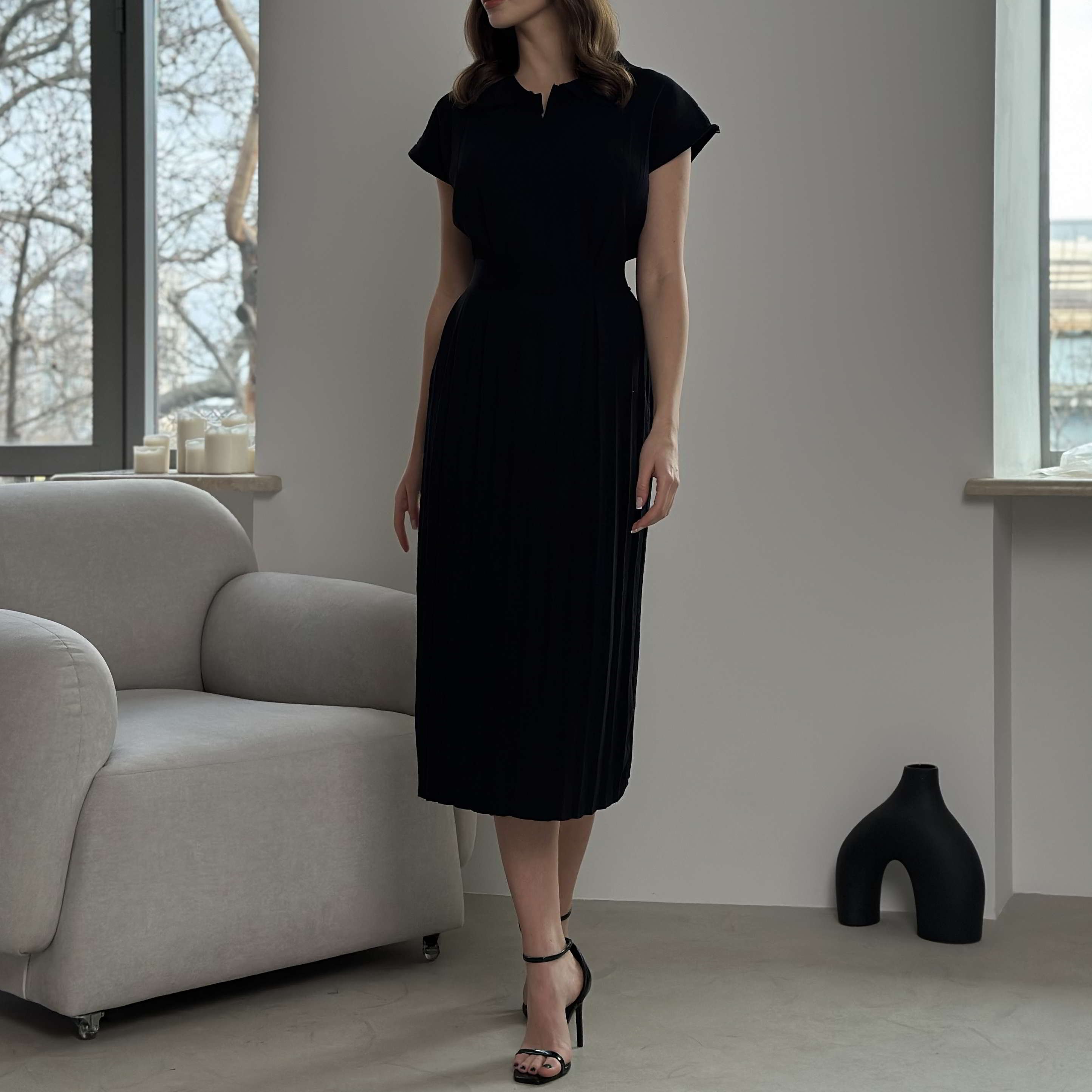Elegant Solid Color Ribbed Collared Dress Short Sleeve Viscose Material Sustainable Washable Anti-Static Feature Spring Summer