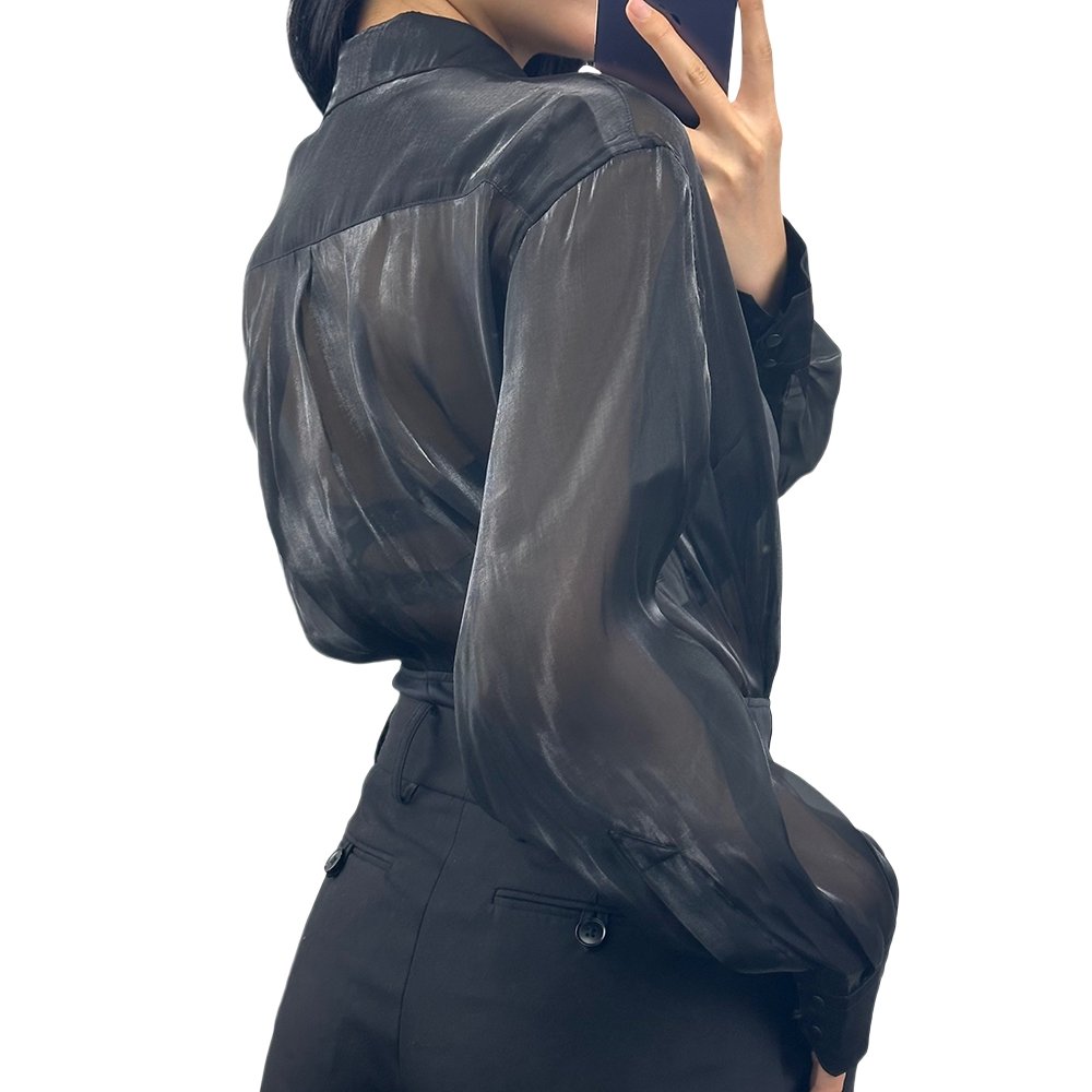 Spring '24 runway Black semi-sheer and pique thong bodysuit Button-Down Bodysuit Layered ribbed Puff Sleeve shirt bodysuit