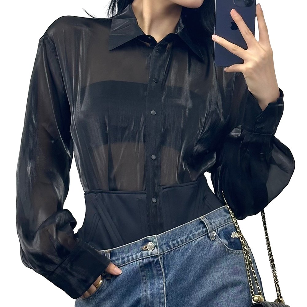 Spring '24 runway Black semi-sheer and pique thong bodysuit Button-Down Bodysuit Layered ribbed Puff Sleeve shirt bodysuit