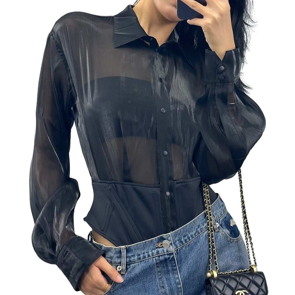 Spring '24 runway Black semi-sheer and pique thong bodysuit Button-Down Bodysuit Layered ribbed Puff Sleeve shirt bodysuit