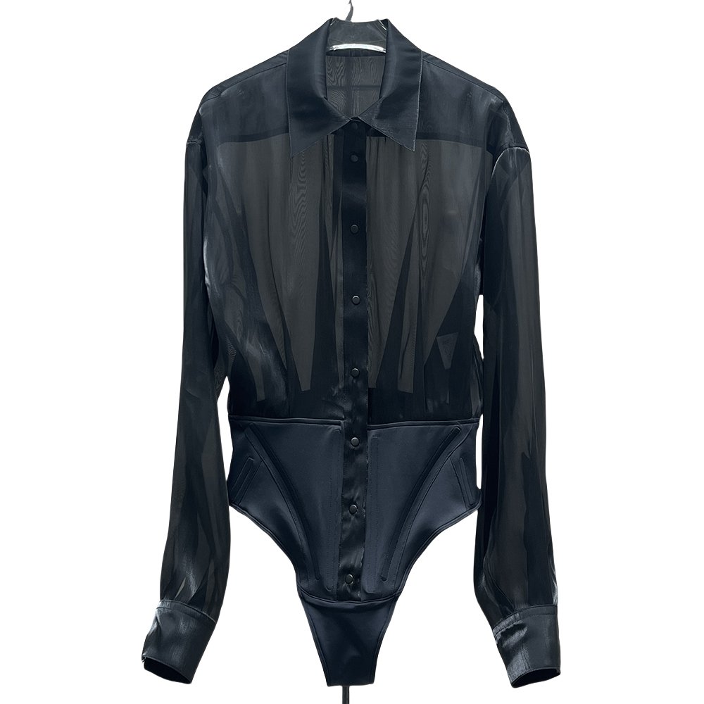 Spring '24 runway Black semi-sheer and pique thong bodysuit Button-Down Bodysuit Layered ribbed Puff Sleeve shirt bodysuit