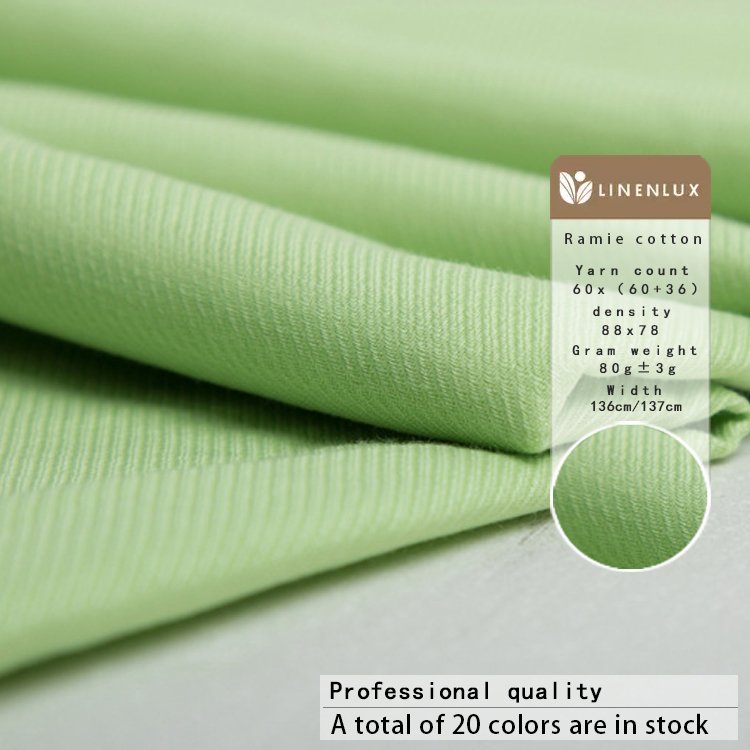 Fabric suppliers high quality customized plain color twill blended fabrics shirt dress ramie/cotton cloth roll fabric in china